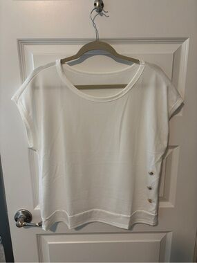 White Short Sleeve Knit Top with Decorative Buttons